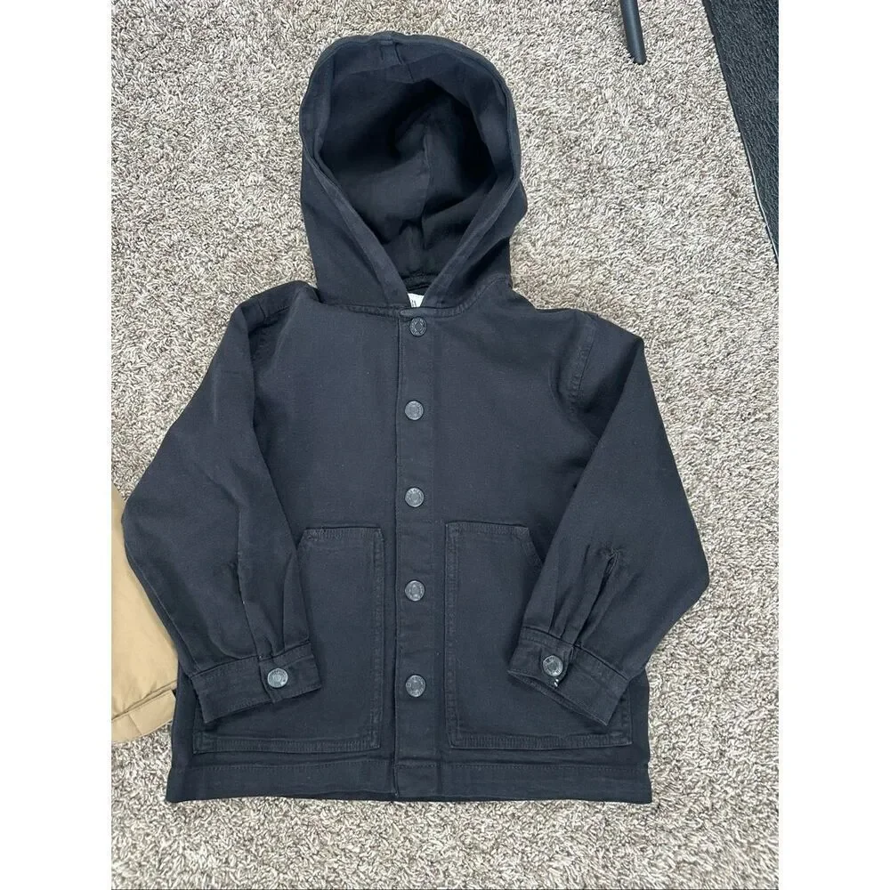 zara unisex kids boys jacket bundle black denim, tan rain jacket hoodies 5-6